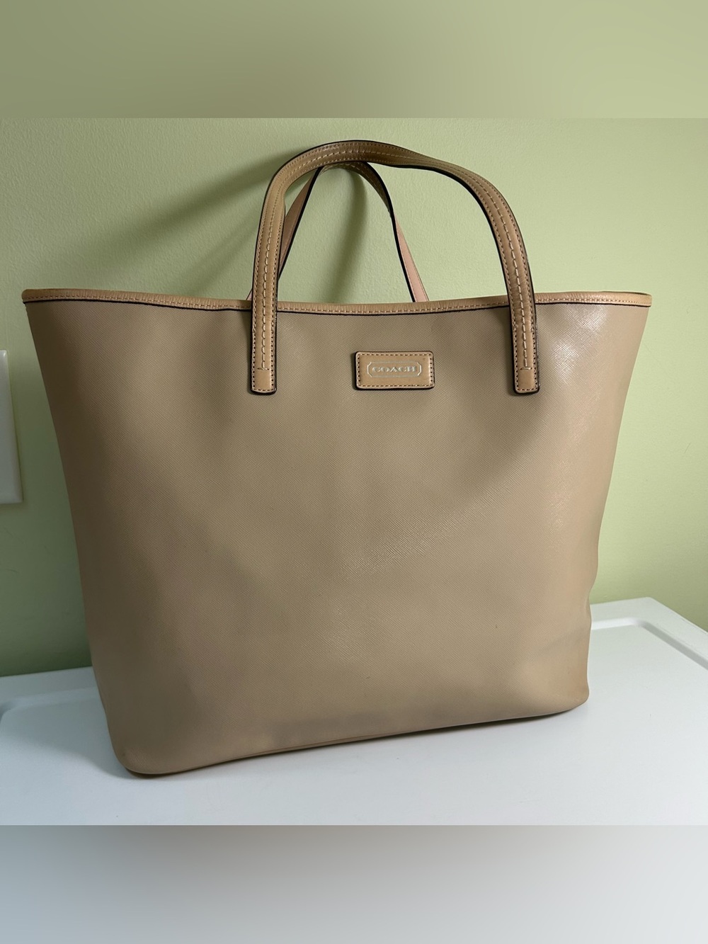 Coach Park Metro Large Tote Bag Tan Beige Light Pink Saffiano Leather F24341